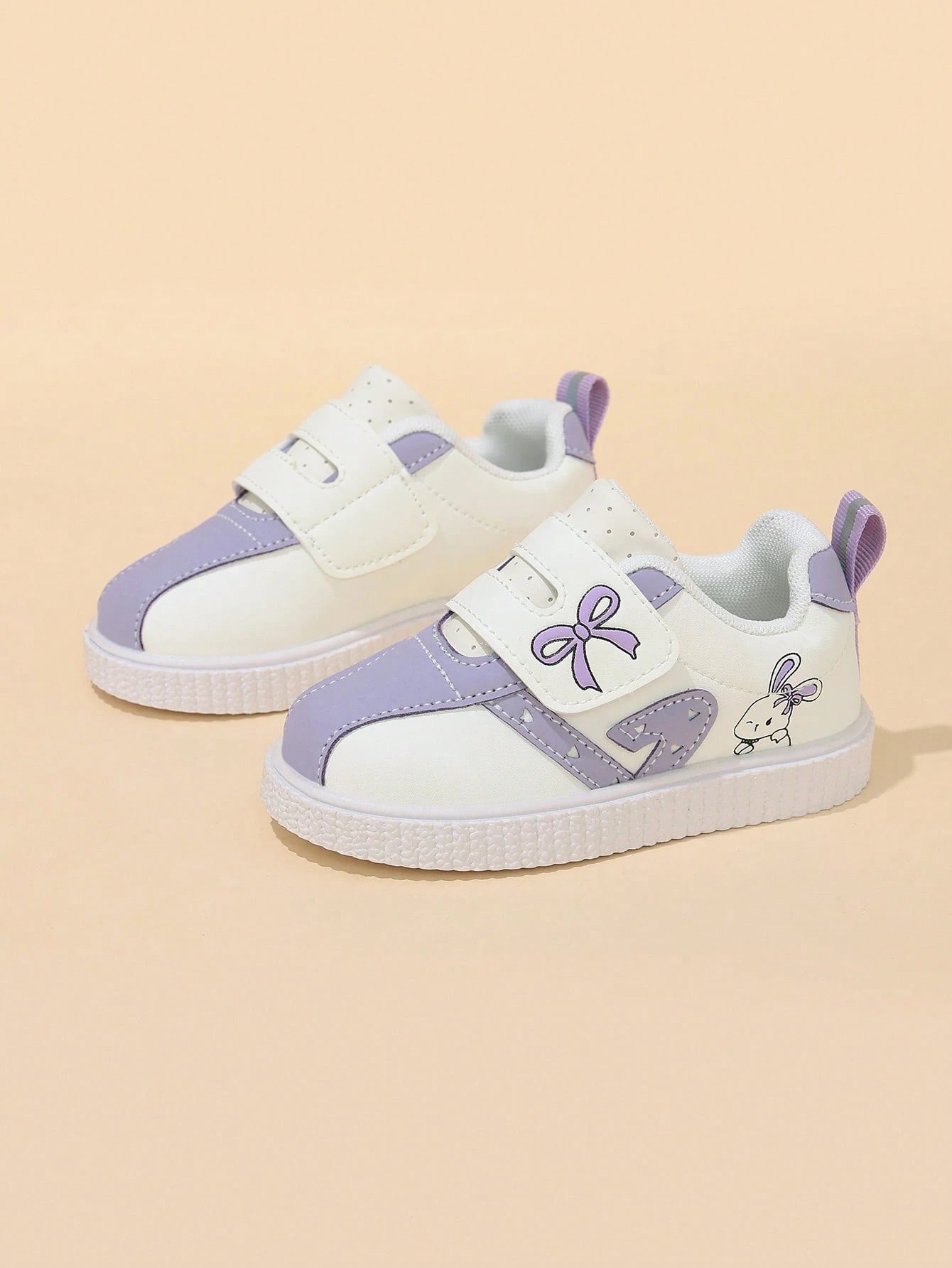 Korean Style Taro Purple Girls' Toddler Walking Shoes, Cartoon Kids' White Sneakers With Hook And Loop, Soft Sole, Anti-Slip, Wear-Resistant Baby Board Shoes