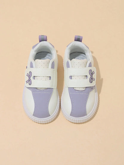 Korean Style Taro Purple Girls' Toddler Walking Shoes, Cartoon Kids' White Sneakers With Hook And Loop, Soft Sole, Anti-Slip, Wear-Resistant Baby Board Shoes