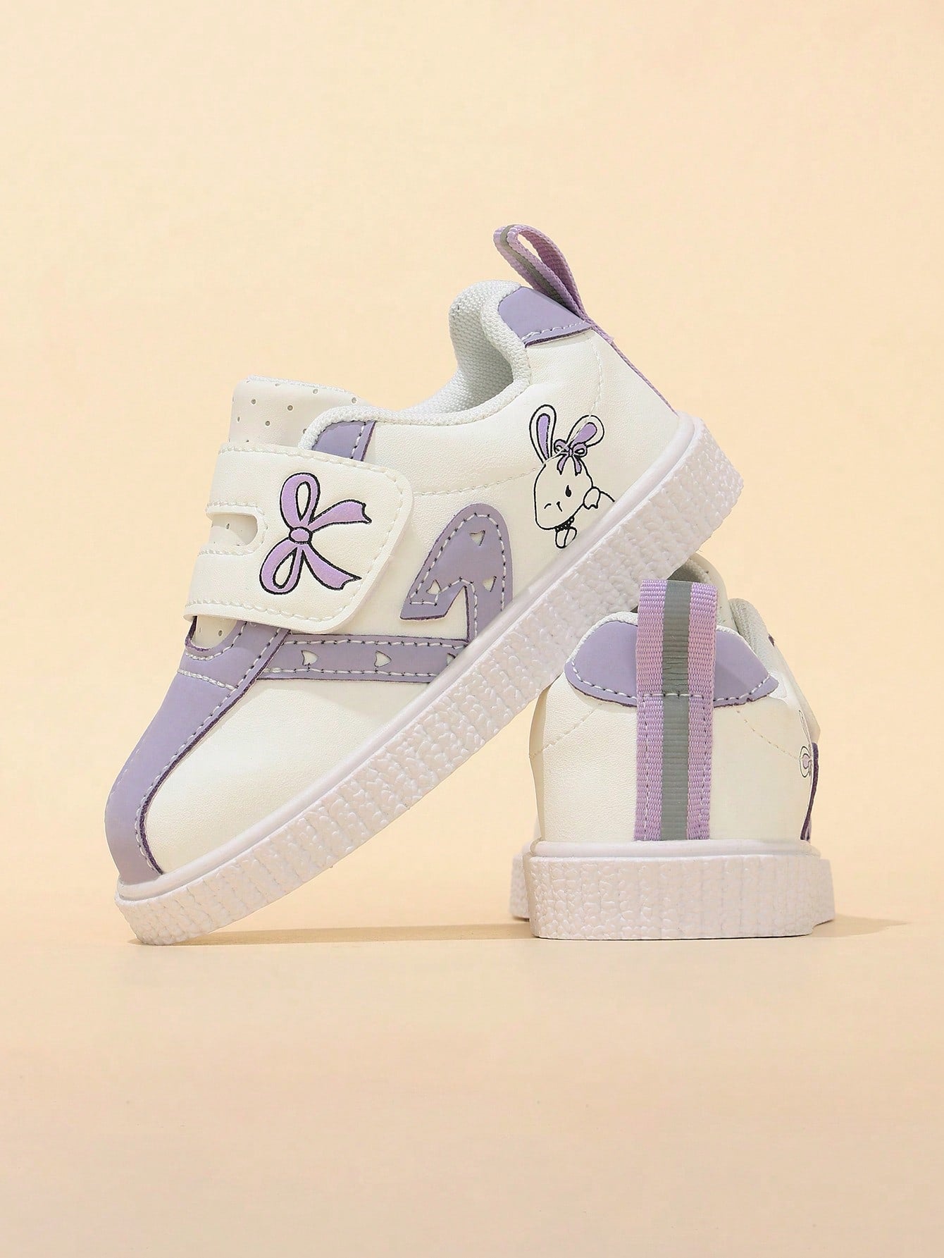 Korean Style Taro Purple Girls' Toddler Walking Shoes, Cartoon Kids' White Sneakers With Hook And Loop, Soft Sole, Anti-Slip, Wear-Resistant Baby Board Shoes