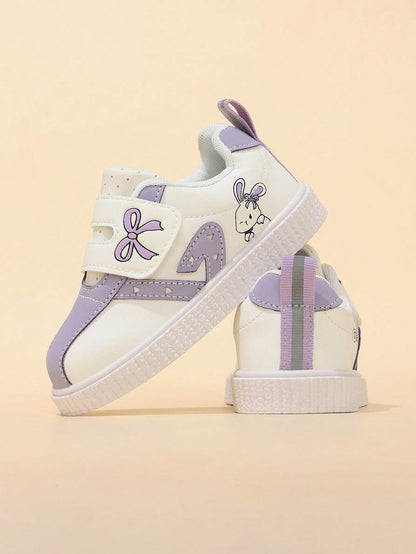 Korean Style Taro Purple Girls' Toddler Walking Shoes, Cartoon Kids' White Sneakers With Hook And Loop, Soft Sole, Anti-Slip, Wear-Resistant Baby Board Shoes