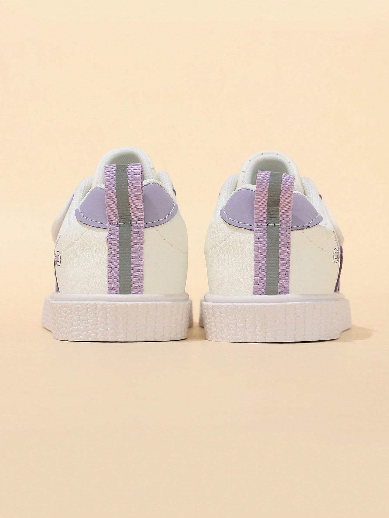 Korean Style Taro Purple Girls' Toddler Walking Shoes, Cartoon Kids' White Sneakers With Hook And Loop, Soft Sole, Anti-Slip, Wear-Resistant Baby Board Shoes