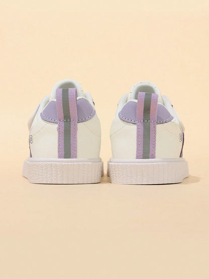 Korean Style Taro Purple Girls' Toddler Walking Shoes, Cartoon Kids' White Sneakers With Hook And Loop, Soft Sole, Anti-Slip, Wear-Resistant Baby Board Shoes