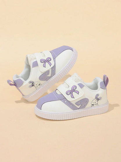 Korean Style Taro Purple Girls' Toddler Walking Shoes, Cartoon Kids' White Sneakers With Hook And Loop, Soft Sole, Anti-Slip, Wear-Resistant Baby Board Shoes