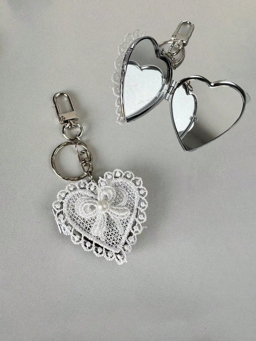 Lace Heart Bow Mirror Keychain, Vintage Y2K Cute Versatile Bag Charm, Y2K Cute Versatile Keychain, Bag Decoration, Keychain Accessory, Small Gift For Women, Birthday, Valentine's Day, Mother's Day, Co