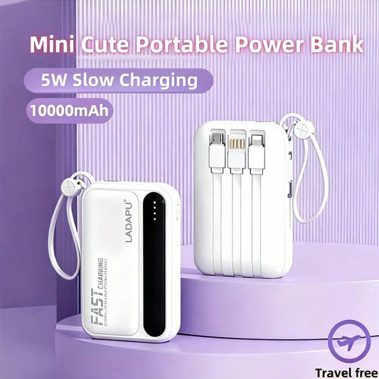 LADAPU 10000mAh Mini Cute 5W Super Fast Charging Power Bank, Small Size Large Capacity, Rechargeable Portable Mobile Phone Charger, Built-In 4 Cables, Outdoor Travel Battery Packs, LED Digital Display