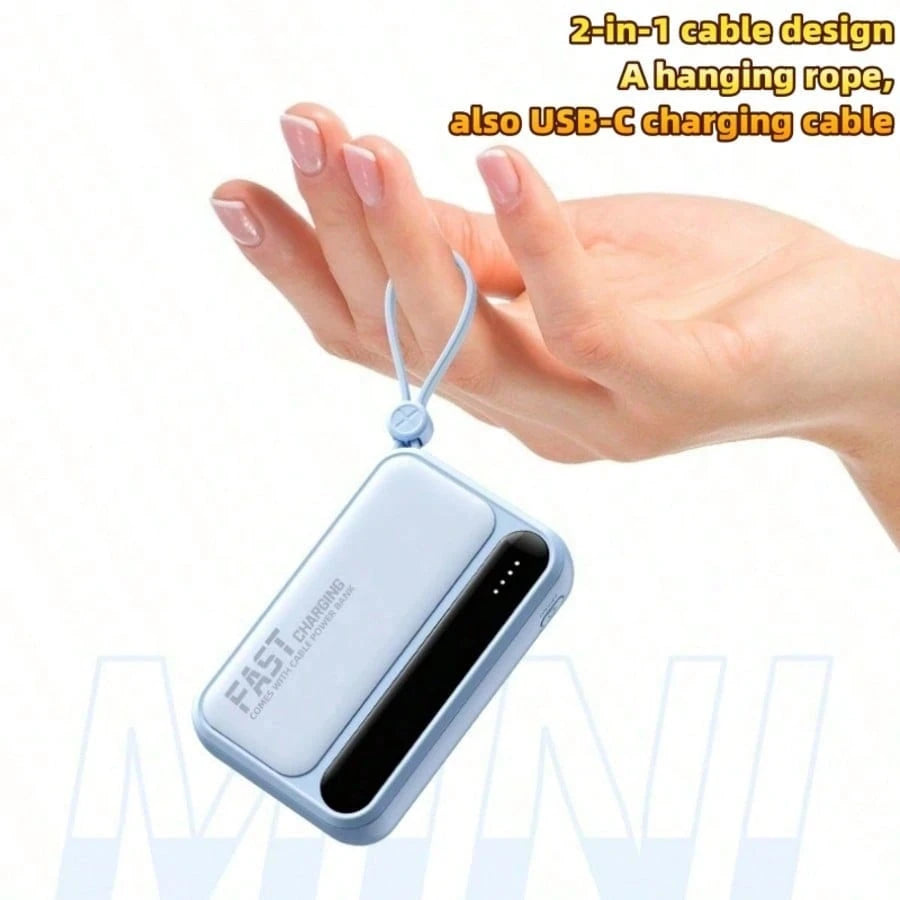 LADAPU 10000mAh Mini Cute 5W Super Fast Charging Power Bank, Small Size Large Capacity, Rechargeable Portable Mobile Phone Charger, Built-In 4 Cables, Outdoor Travel Battery Packs, LED Digital Display