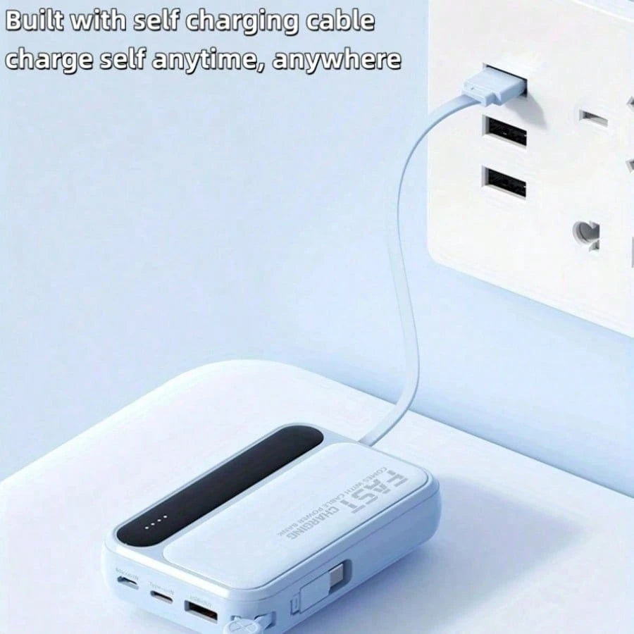 LADAPU 10000mAh Mini Cute 5W Super Fast Charging Power Bank, Small Size Large Capacity, Rechargeable Portable Mobile Phone Charger, Built-In 4 Cables, Outdoor Travel Battery Packs, LED Digital Display