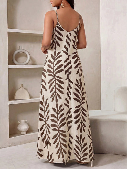 Lady Women's Casual Tropical Boho Floral Print Sleeveless Dress For Summer, Long Leaf Maxi Elegant Holiday Vacation Grey Leopard Print Beach