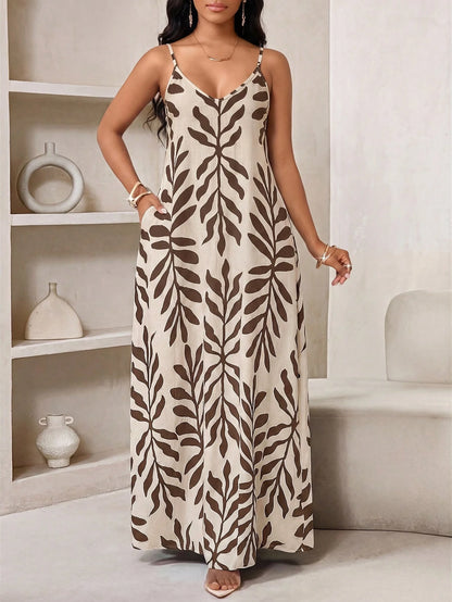 Lady Women's Casual Tropical Boho Floral Print Sleeveless Dress For Summer, Long Leaf Maxi Elegant Holiday Vacation Grey Leopard Print Beach