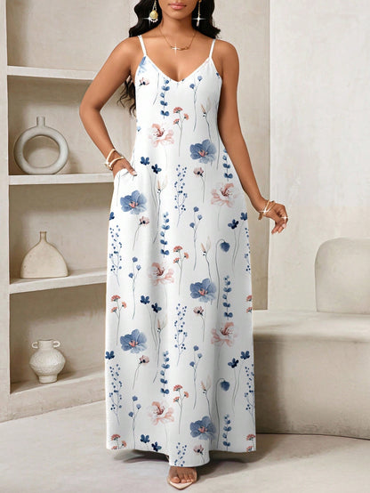 Lady Women's Casual Tropical Boho Floral Print Sleeveless Dress For Summer, Long Leaf Maxi Elegant Holiday Vacation Grey Leopard Print Beach