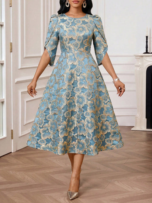 Lady Women's Elegant Mature Jacquard Round Neck Waist Cinched Long Dress, Summer,Dresses For Women Summer Wedding Formal Mother Of The Bride Blue Floral