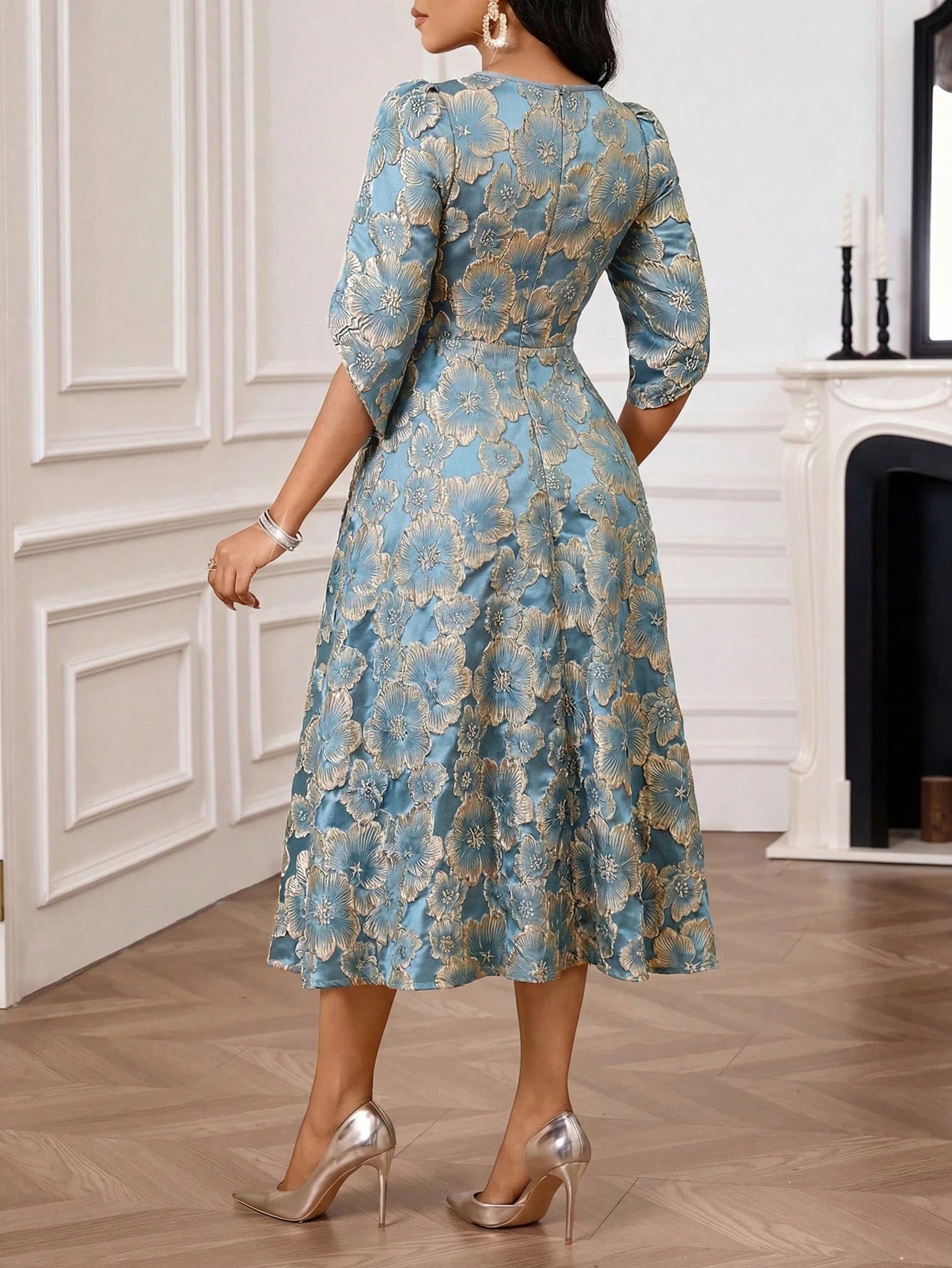 Lady Women's Elegant Mature Jacquard Round Neck Waist Cinched Long Dress, Summer,Dresses For Women Summer Wedding Formal Mother Of The Bride Blue Floral