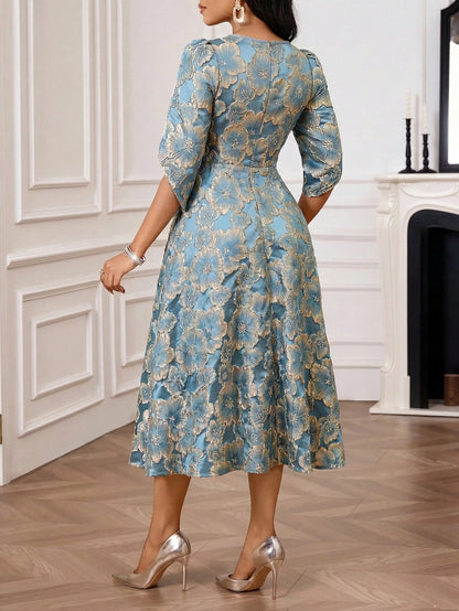 Lady Women's Elegant Mature Jacquard Round Neck Waist Cinched Long Dress, Summer,Dresses For Women Summer Wedding Formal Mother Of The Bride Blue Floral