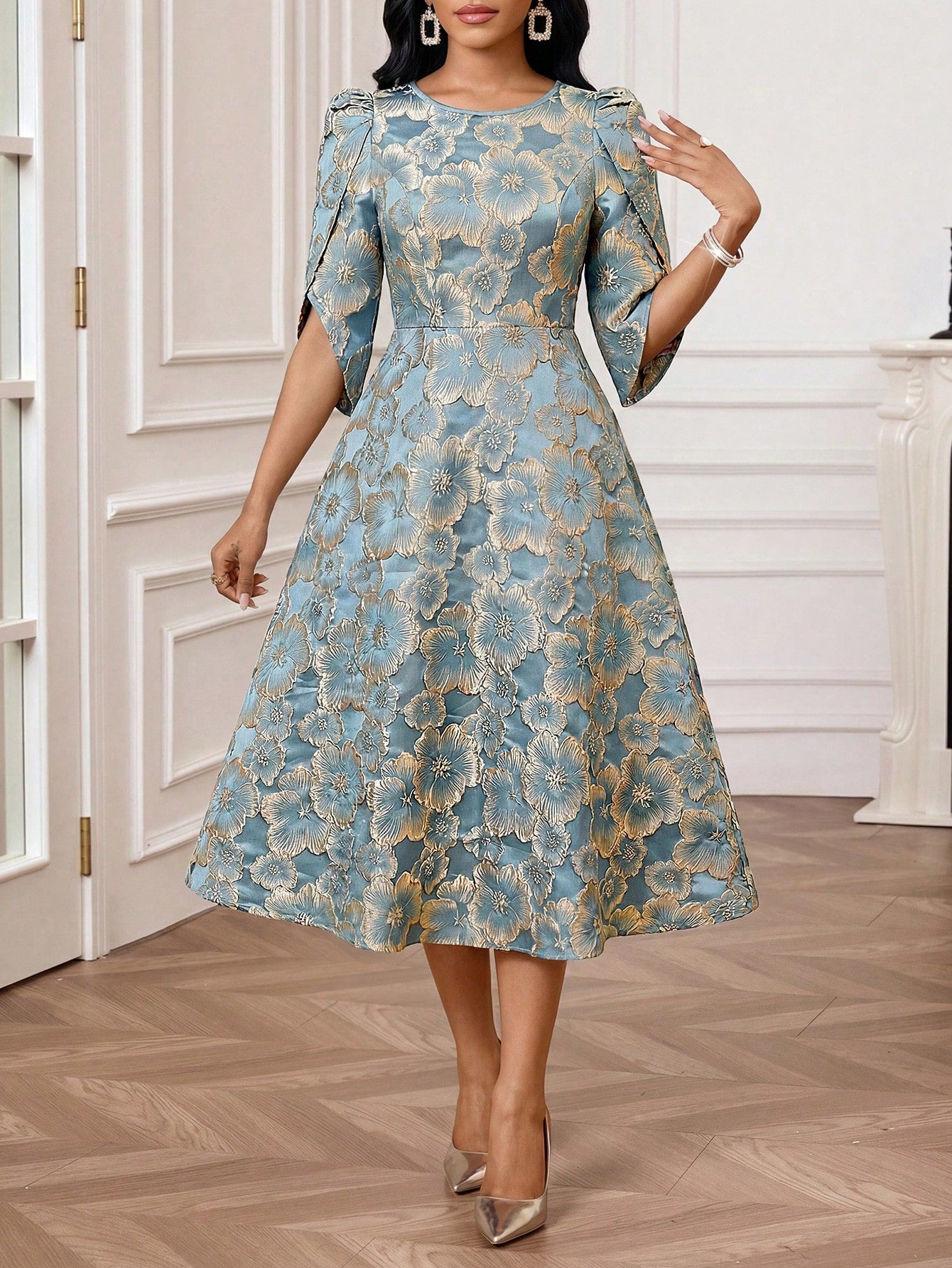 Lady Women's Elegant Mature Jacquard Round Neck Waist Cinched Long Dress, Summer,Dresses For Women Summer Wedding Formal Mother Of The Bride Blue Floral
