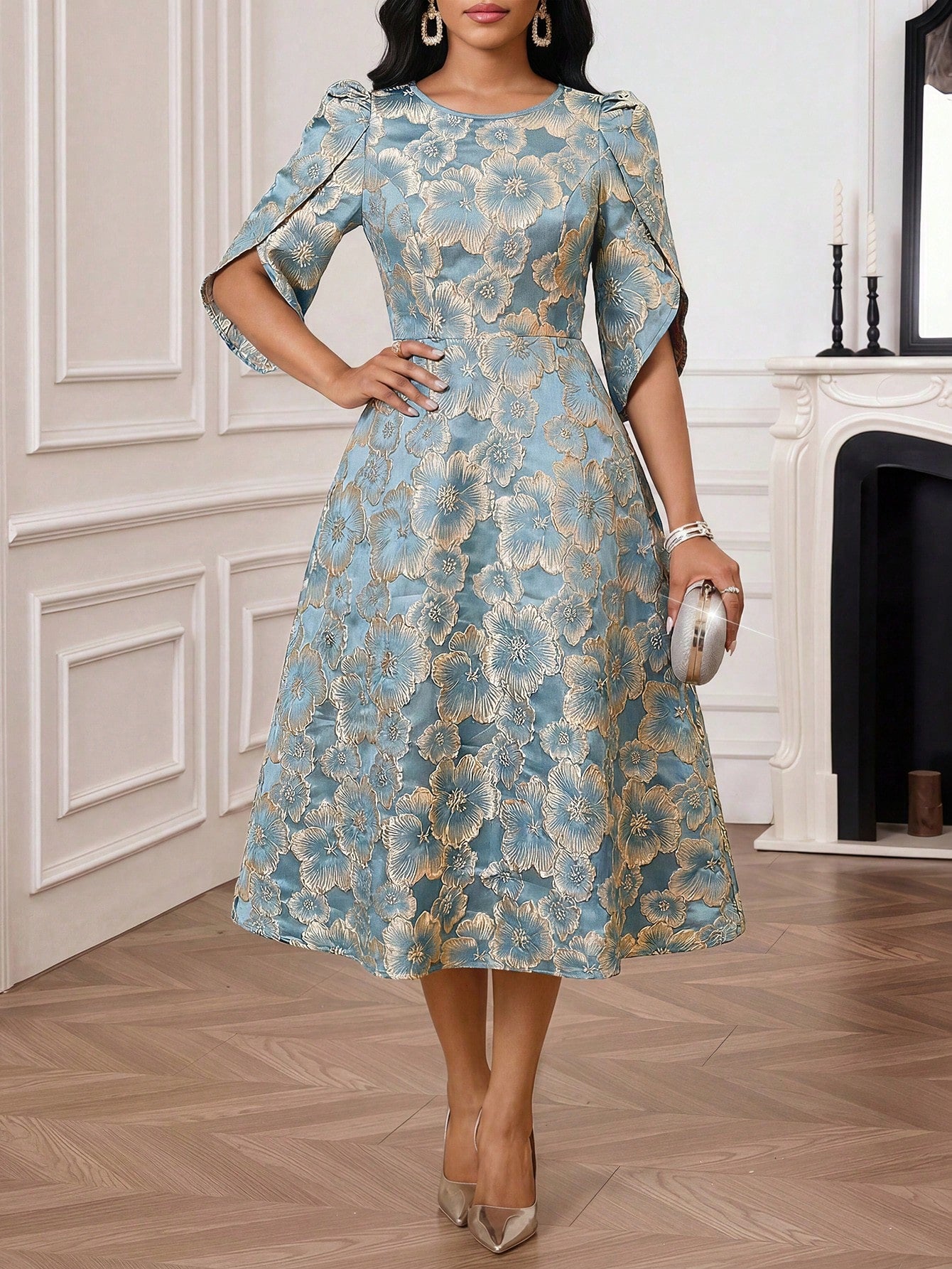 Lady Women's Elegant Mature Jacquard Round Neck Waist Cinched Long Dress, Summer,Dresses For Women Summer Wedding Formal Mother Of The Bride Blue Floral