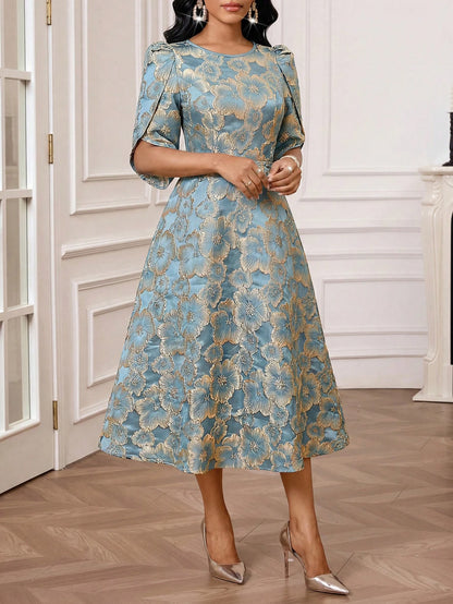 Lady Women's Elegant Mature Jacquard Round Neck Waist Cinched Long Dress, Summer,Dresses For Women Summer Wedding Formal Mother Of The Bride Blue Floral