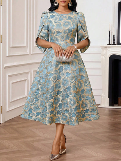 Lady Women's Elegant Mature Jacquard Round Neck Waist Cinched Long Dress, Summer,Dresses For Women Summer Wedding Formal Mother Of The Bride Blue Floral