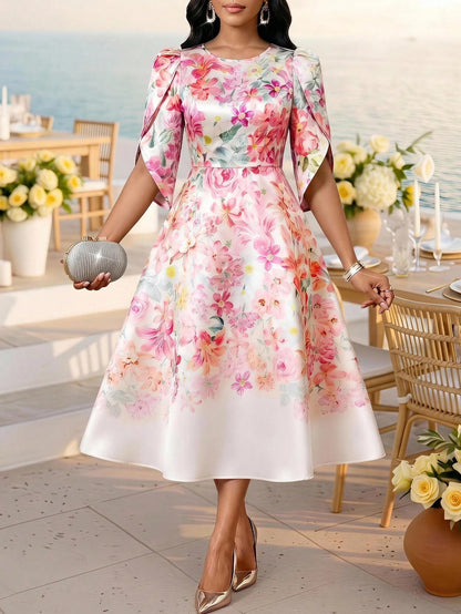 Lady Women's Elegant Mature Jacquard Round Neck Waist Cinched Long Dress, Summer,Dresses For Women Summer Wedding Formal Mother Of The Bride Blue Floral