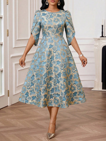 Lady Women's Elegant Mature Jacquard Round Neck Waist Cinched Long Dress, Summer,Dresses For Women Summer Wedding Formal Mother Of The Bride Blue Floral