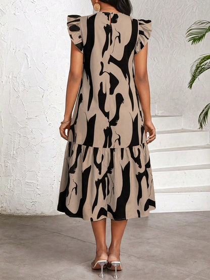 Lady Women's Round Neck Brush Print Pleated Casual Boho Basic Date Vacation Party Mid-Length Dress With Flutter Sleeves,Summer Dresses For Women Black