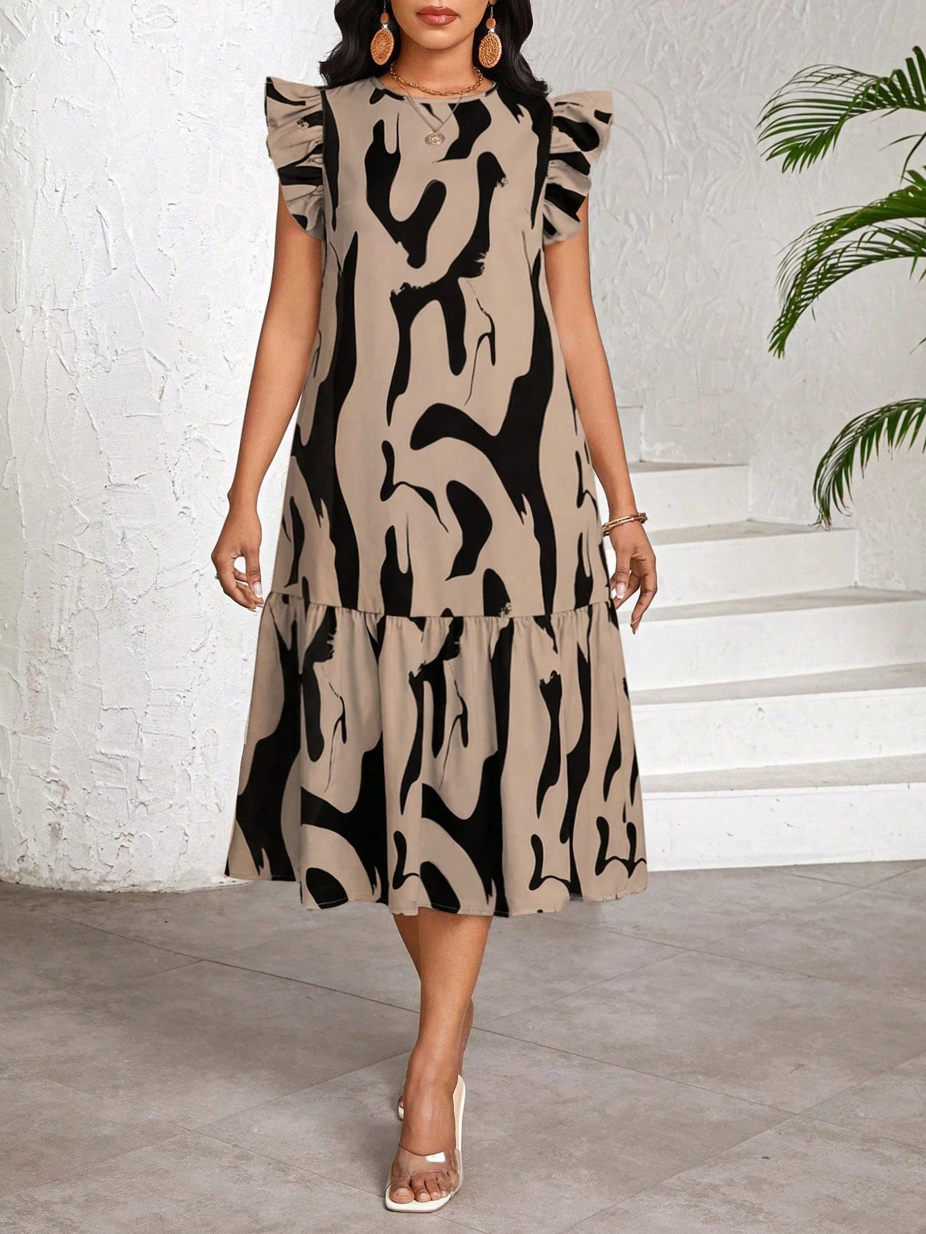Lady Women's Round Neck Brush Print Pleated Casual Boho Basic Date Vacation Party Mid-Length Dress With Flutter Sleeves,Summer Dresses For Women Black