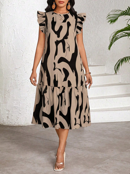 Lady Women's Round Neck Brush Print Pleated Casual Boho Basic Date Vacation Party Mid-Length Dress With Flutter Sleeves,Summer Dresses For Women Black
