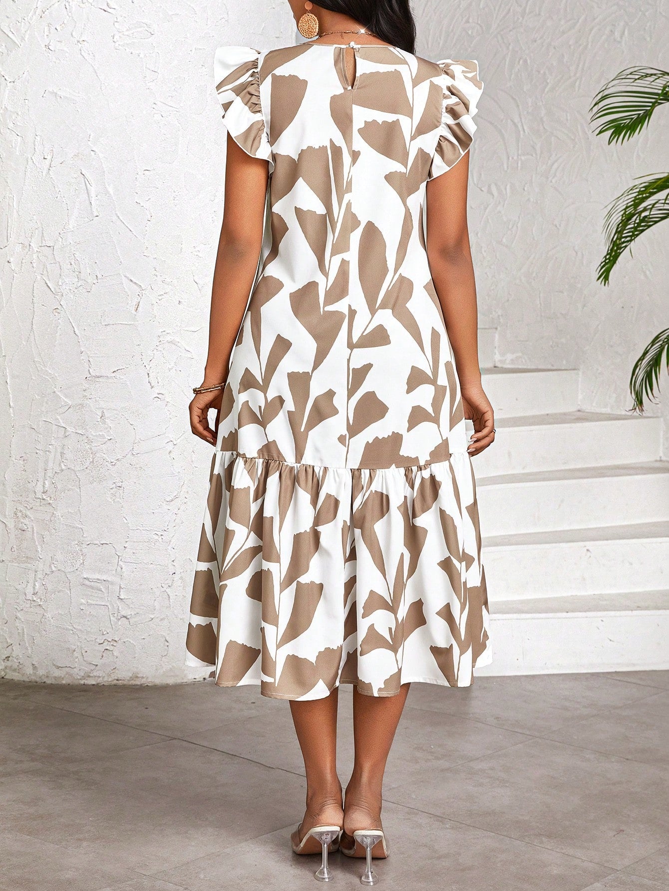 Lady Women's Round Neck Brush Print Pleated Casual Boho Basic Date Vacation Party Mid-Length Dress With Flutter Sleeves,Summer Dresses For Women Black