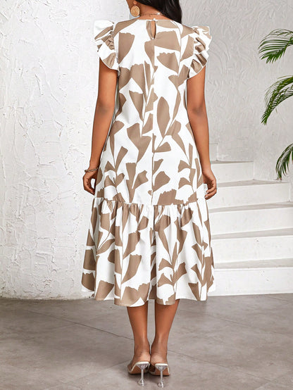 Lady Women's Round Neck Brush Print Pleated Casual Boho Basic Date Vacation Party Mid-Length Dress With Flutter Sleeves,Summer Dresses For Women Black