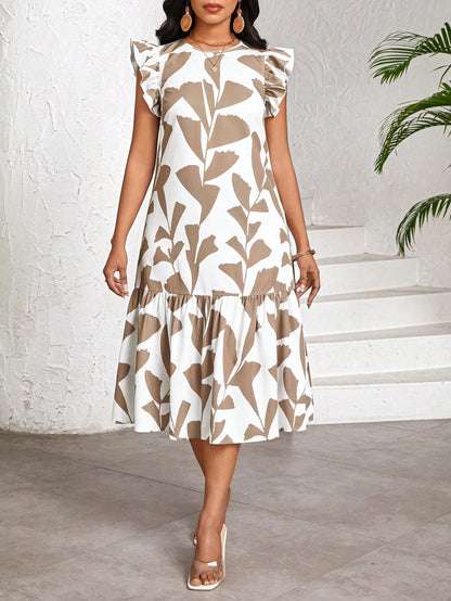 Lady Women's Round Neck Brush Print Pleated Casual Boho Basic Date Vacation Party Mid-Length Dress With Flutter Sleeves,Summer Dresses For Women Black