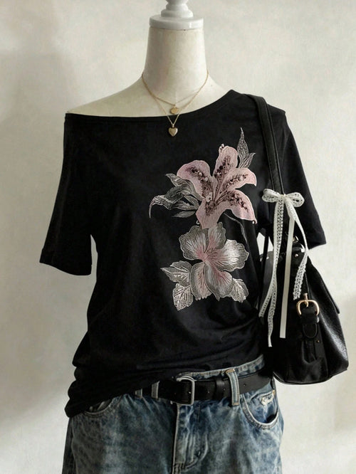 Lalippa Women's Faux Floral Comfortable Color Pattern Asymmetric Shoulder Casual Short Sleeve T-Shirt, Suitable For Spring/Summer Daily Wear And Gatherings