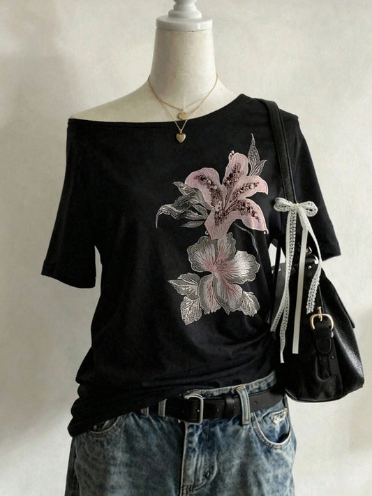 Lalippa Women's Faux Floral Comfortable Color Pattern Asymmetric Shoulder Casual Short Sleeve T-Shirt, Suitable For Spring/Summer Daily Wear And Gatherings