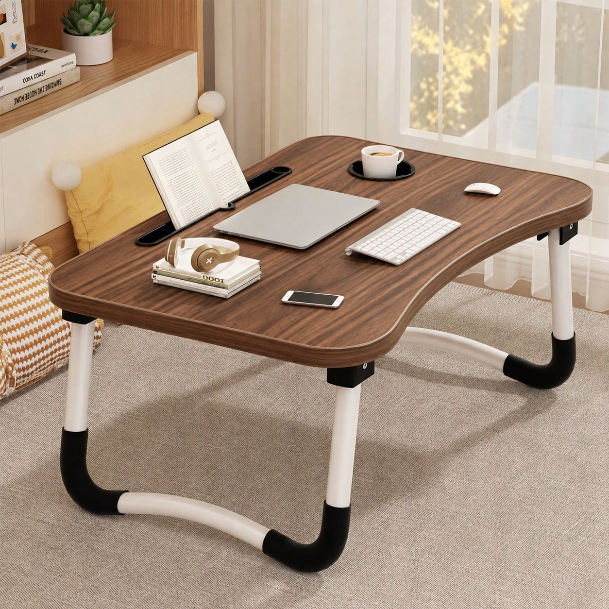 Laptop Bed Table, Foldable Laptop Stand With Cup Holder And Tablet Slot, Laptop Table For Reading And Writing On Bed, Sofa, Or Floor (55-38cm)