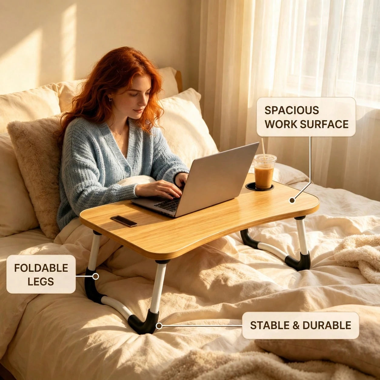 Laptop Bed Table, Foldable Laptop Stand With Cup Holder And Tablet Slot, Laptop Table For Reading And Writing On Bed, Sofa, Or Floor (55-38cm)