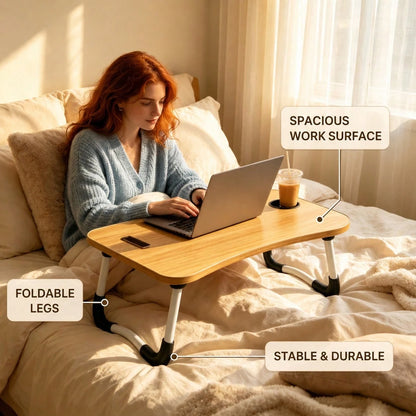 Laptop Bed Table, Foldable Laptop Stand With Cup Holder And Tablet Slot, Laptop Table For Reading And Writing On Bed, Sofa, Or Floor (55-38cm)