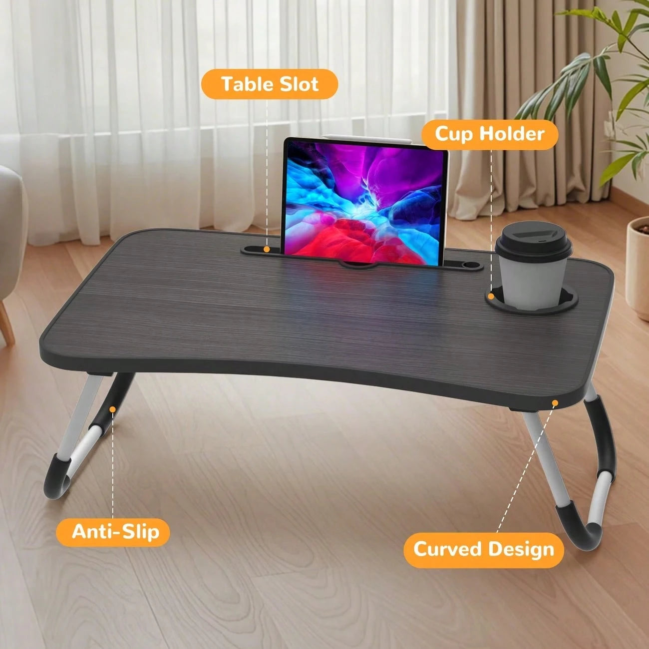 Laptop Bed Table, Foldable Laptop Stand With Cup Holder And Tablet Slot, Laptop Table For Reading And Writing On Bed, Sofa, Or Floor (55-38cm)