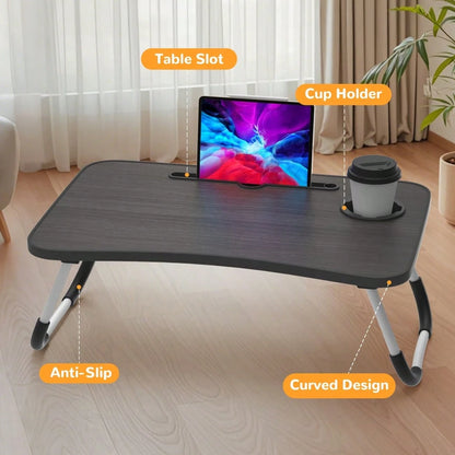 Laptop Bed Table, Foldable Laptop Stand With Cup Holder And Tablet Slot, Laptop Table For Reading And Writing On Bed, Sofa, Or Floor (55-38cm)