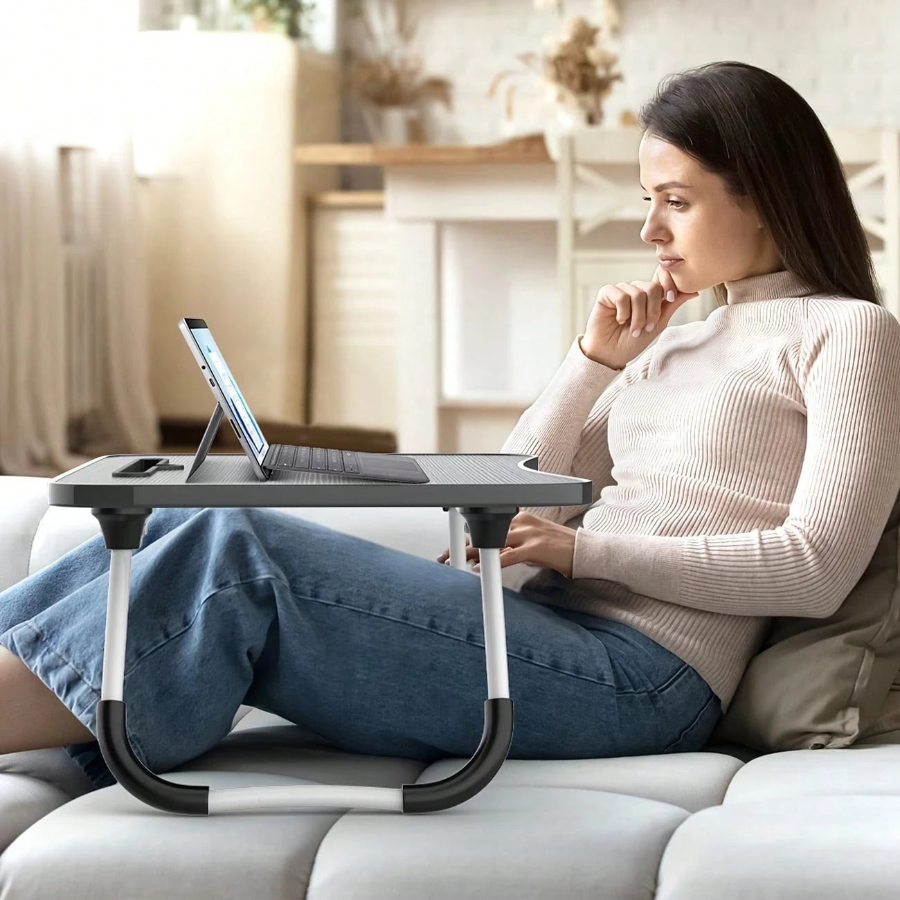 Laptop Bed Table, Foldable Laptop Stand With Cup Holder And Tablet Slot, Laptop Table For Reading And Writing On Bed, Sofa, Or Floor (55-38cm)