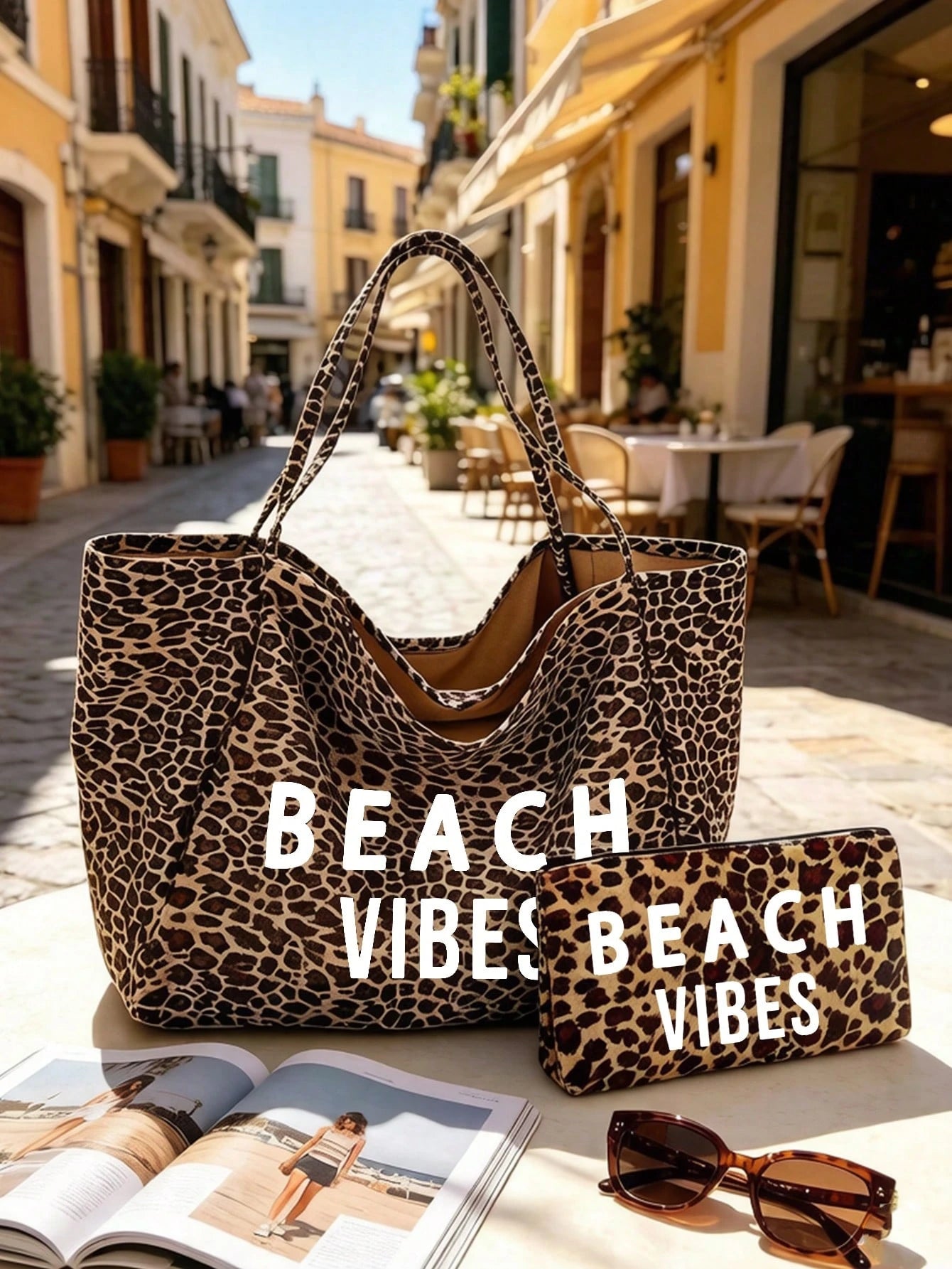 Large Capacity Leopard Print Beach Tote Bag With BEACH VIBES Lettering, Fashionable Shoulder Bag, Leopard Print Makeup Bag Coin Purse, Foldable Handbag, Summer Essential Travel Bag, Ideal For Beach Tr