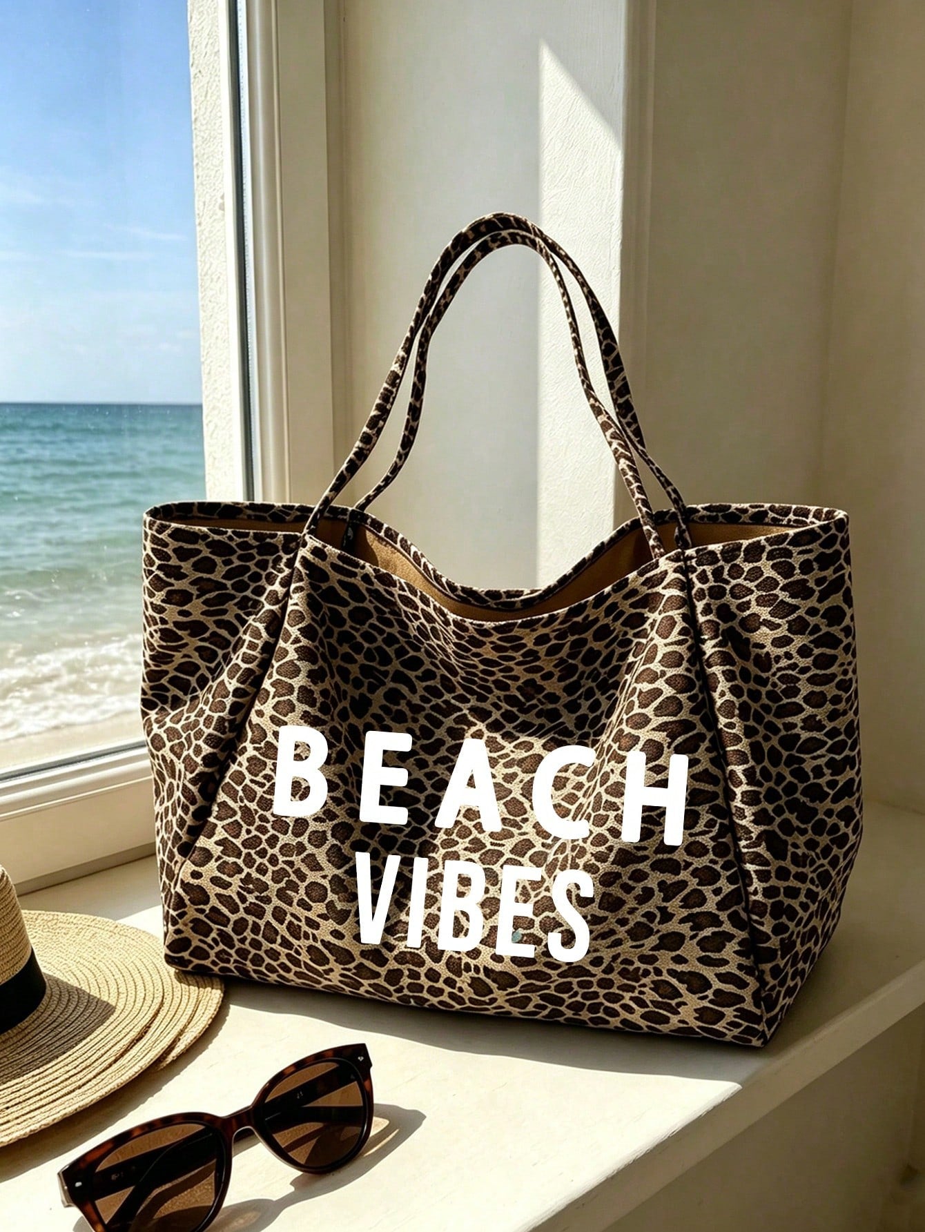 Large Capacity Leopard Print Beach Tote Bag With BEACH VIBES Lettering, Fashionable Shoulder Bag, Leopard Print Makeup Bag Coin Purse, Foldable Handbag, Summer Essential Travel Bag, Ideal For Beach Tr