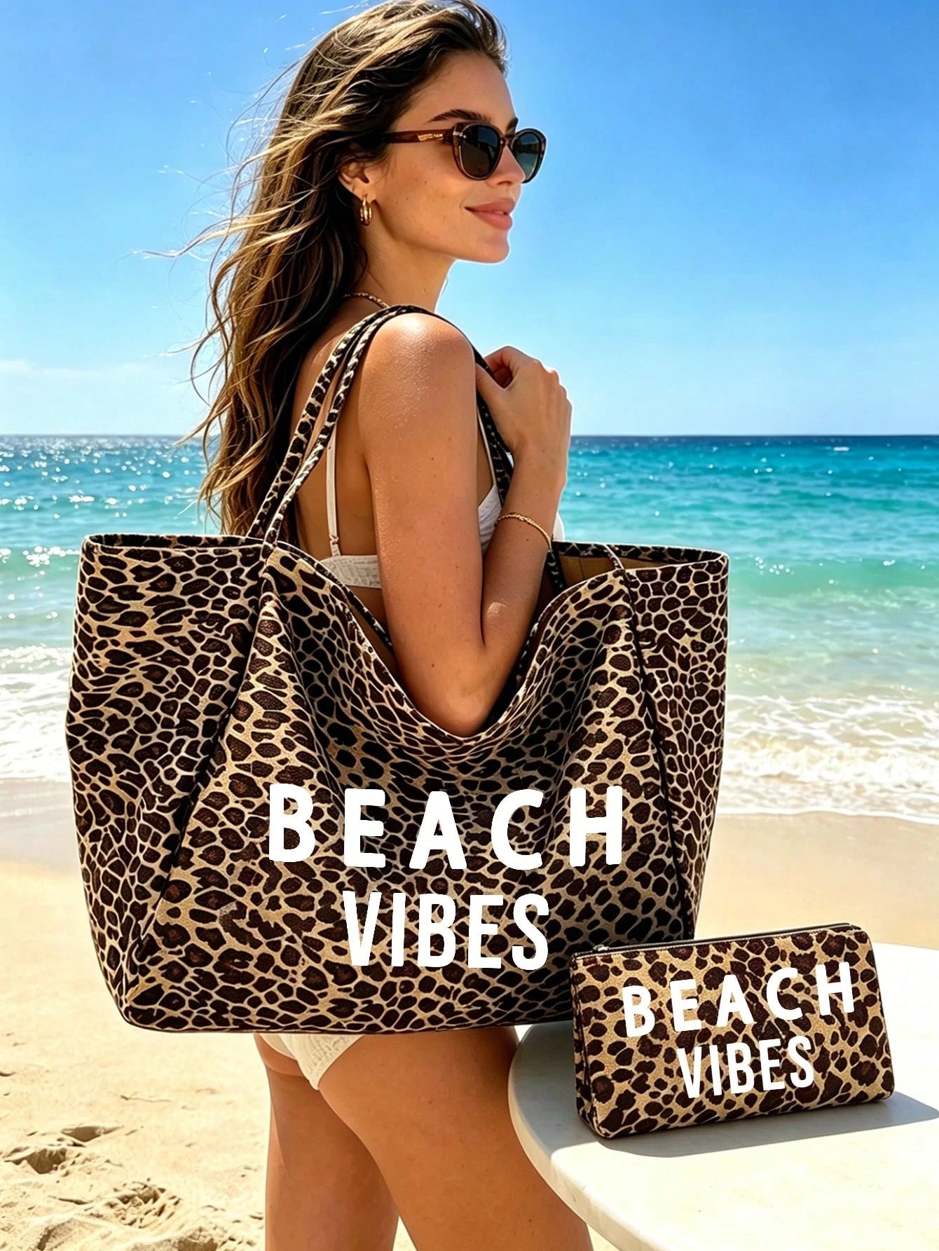 Large Capacity Leopard Print Beach Tote Bag With BEACH VIBES Lettering, Fashionable Shoulder Bag, Leopard Print Makeup Bag Coin Purse, Foldable Handbag, Summer Essential Travel Bag, Ideal For Beach Tr