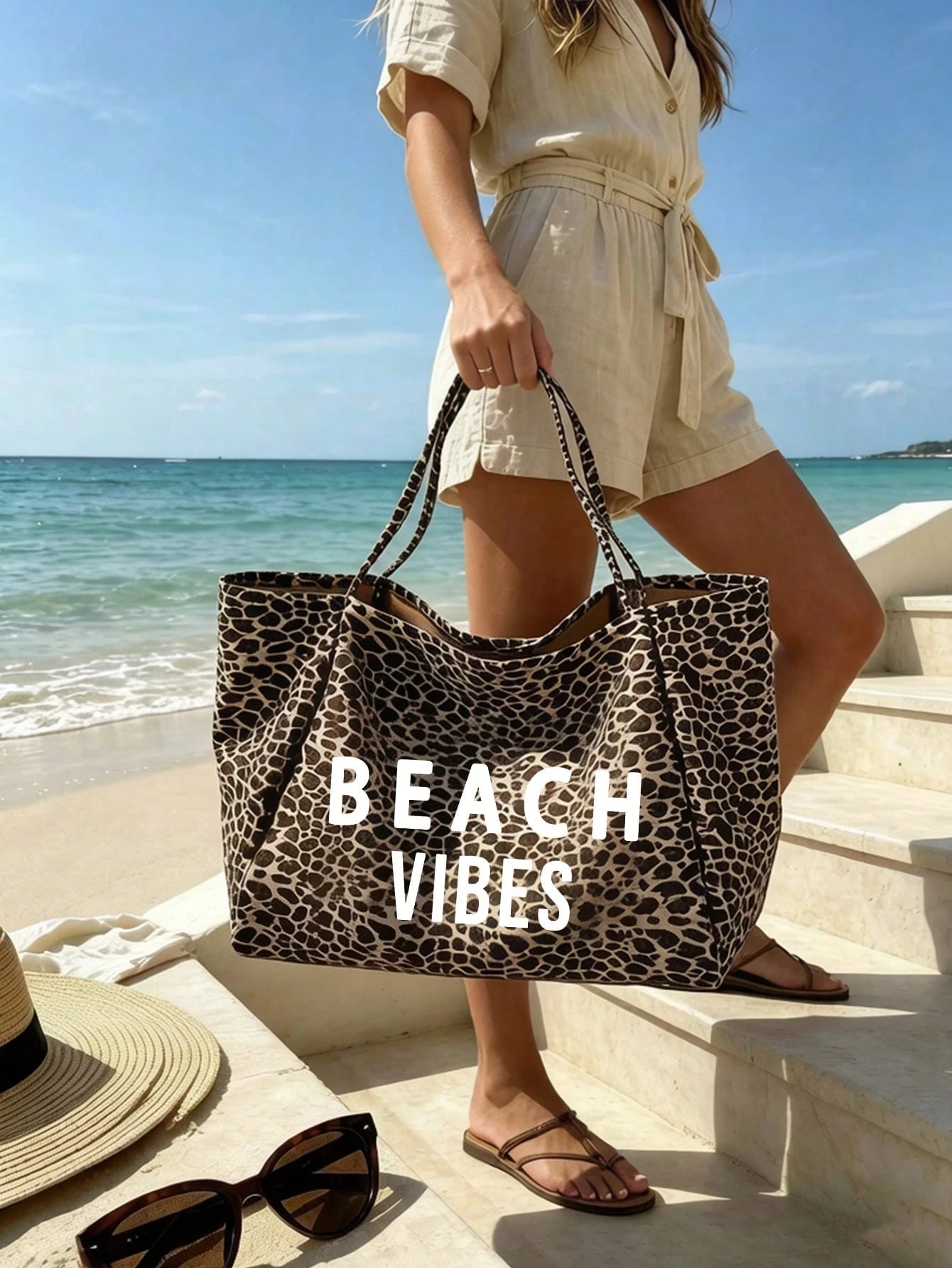 Large Capacity Leopard Print Beach Tote Bag With BEACH VIBES Lettering, Fashionable Shoulder Bag, Leopard Print Makeup Bag Coin Purse, Foldable Handbag, Summer Essential Travel Bag, Ideal For Beach Tr