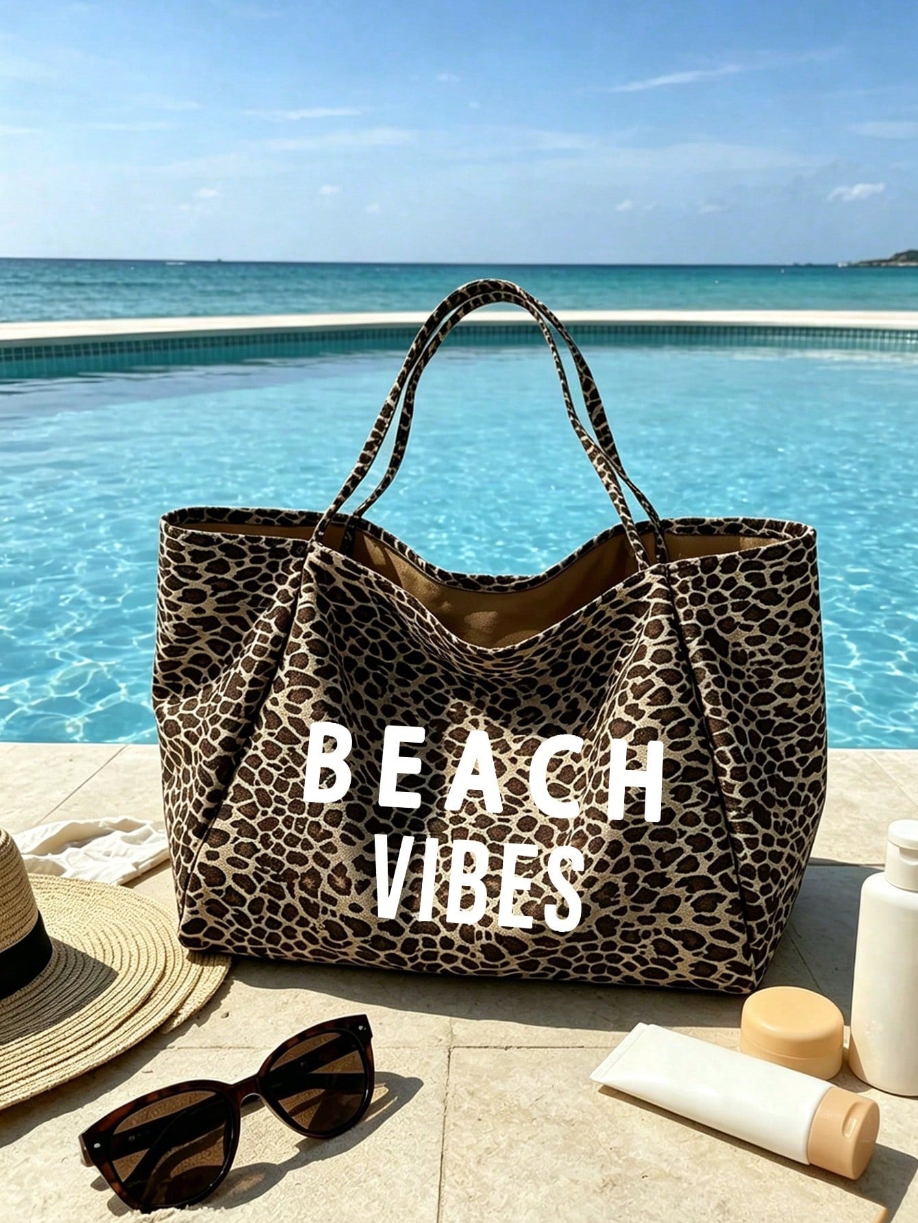 Large Capacity Leopard Print Beach Tote Bag With BEACH VIBES Lettering, Fashionable Shoulder Bag, Leopard Print Makeup Bag Coin Purse, Foldable Handbag, Summer Essential Travel Bag, Ideal For Beach Tr