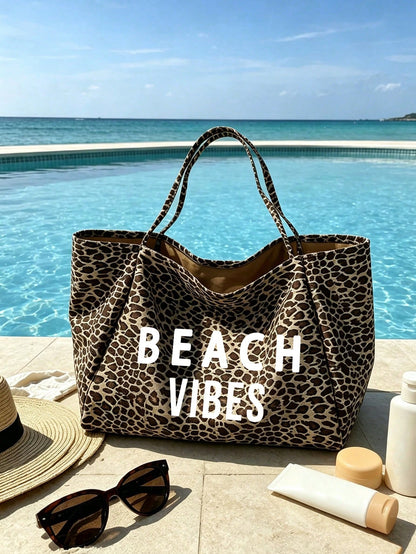 Large Capacity Leopard Print Beach Tote Bag With BEACH VIBES Lettering, Fashionable Shoulder Bag, Leopard Print Makeup Bag Coin Purse, Foldable Handbag, Summer Essential Travel Bag, Ideal For Beach Tr