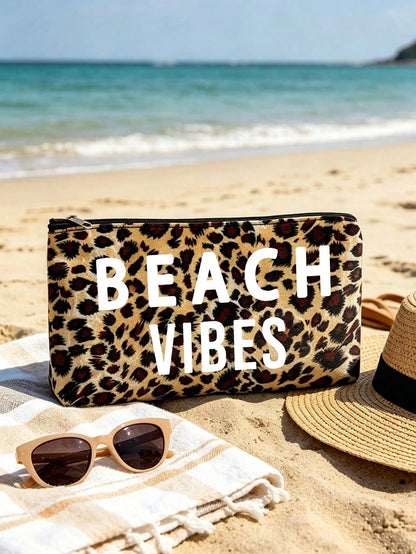 Large Capacity Leopard Print Beach Tote Bag With BEACH VIBES Lettering, Fashionable Shoulder Bag, Leopard Print Makeup Bag Coin Purse, Foldable Handbag, Summer Essential Travel Bag, Ideal For Beach Tr
