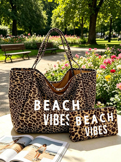 Large Capacity Leopard Print Beach Tote Bag With BEACH VIBES Lettering, Fashionable Shoulder Bag, Leopard Print Makeup Bag Coin Purse, Foldable Handbag, Summer Essential Travel Bag, Ideal For Beach Tr