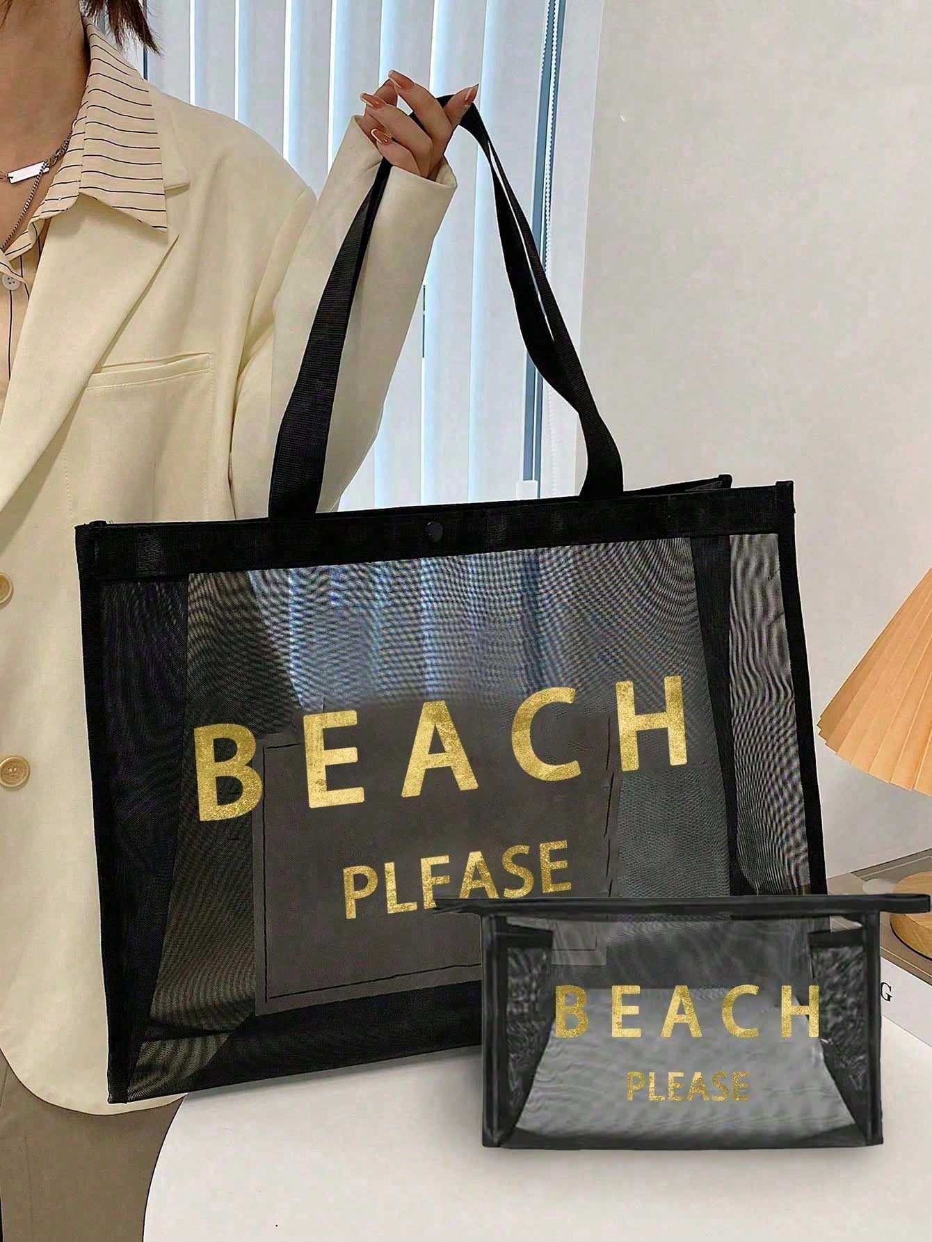 Large Capacity Mesh Beach Bag Set, "BEACH PLESE" Pattern Mesh Bag, Gold Sequin Letter, Cosmetic Bag, Hollow Mesh Beach Tote Bag, Mesh Cosmetic Storage Bag, Foldable Large Capacity Swimming Bag, Letter