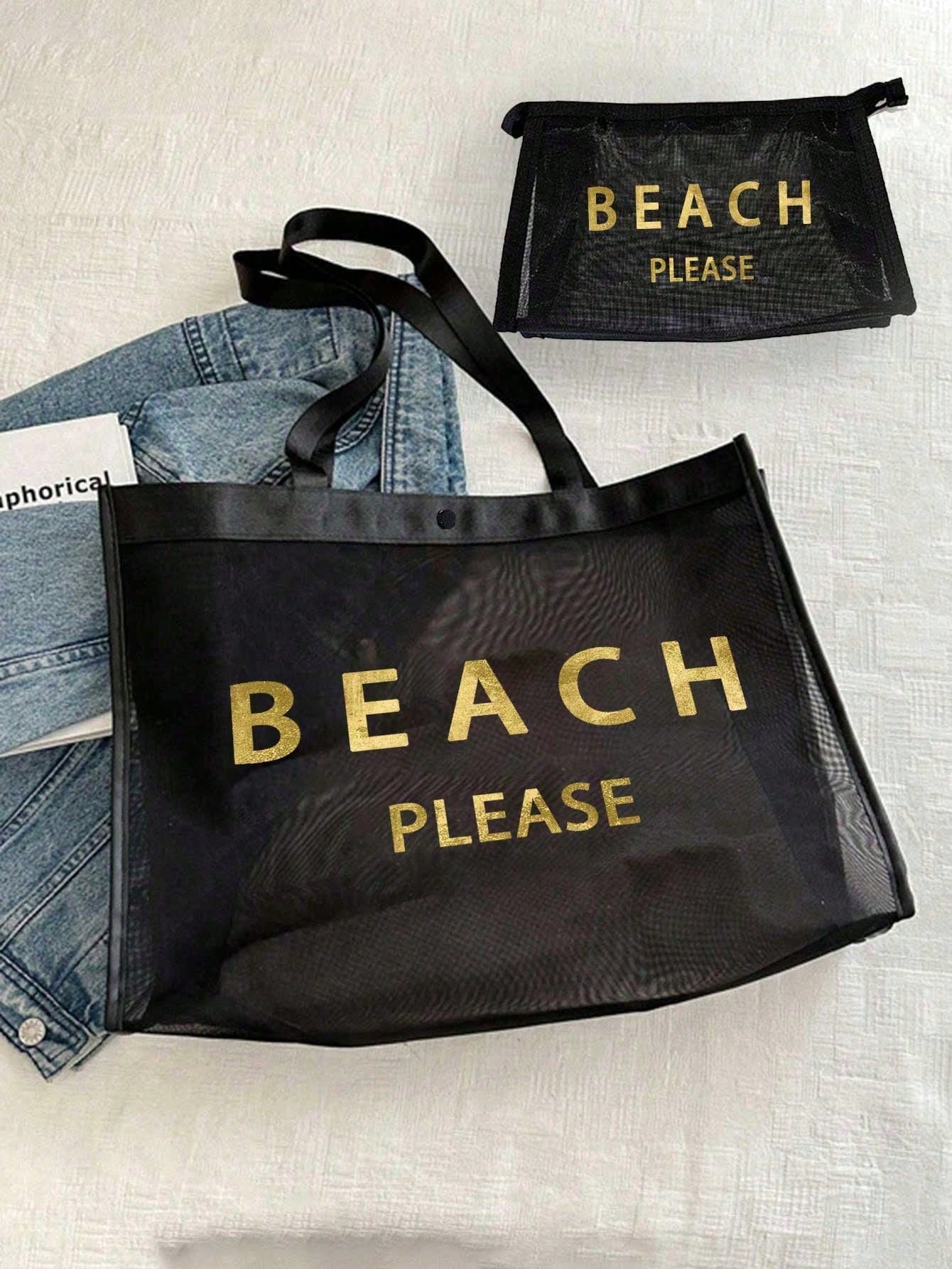 Large Capacity Mesh Beach Bag Set, "BEACH PLESE" Pattern Mesh Bag, Gold Sequin Letter, Cosmetic Bag, Hollow Mesh Beach Tote Bag, Mesh Cosmetic Storage Bag, Foldable Large Capacity Swimming Bag, Letter