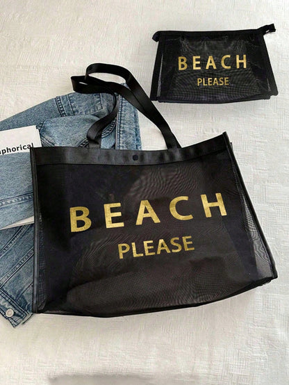 Large Capacity Mesh Beach Bag Set, "BEACH PLESE" Pattern Mesh Bag, Gold Sequin Letter, Cosmetic Bag, Hollow Mesh Beach Tote Bag, Mesh Cosmetic Storage Bag, Foldable Large Capacity Swimming Bag, Letter