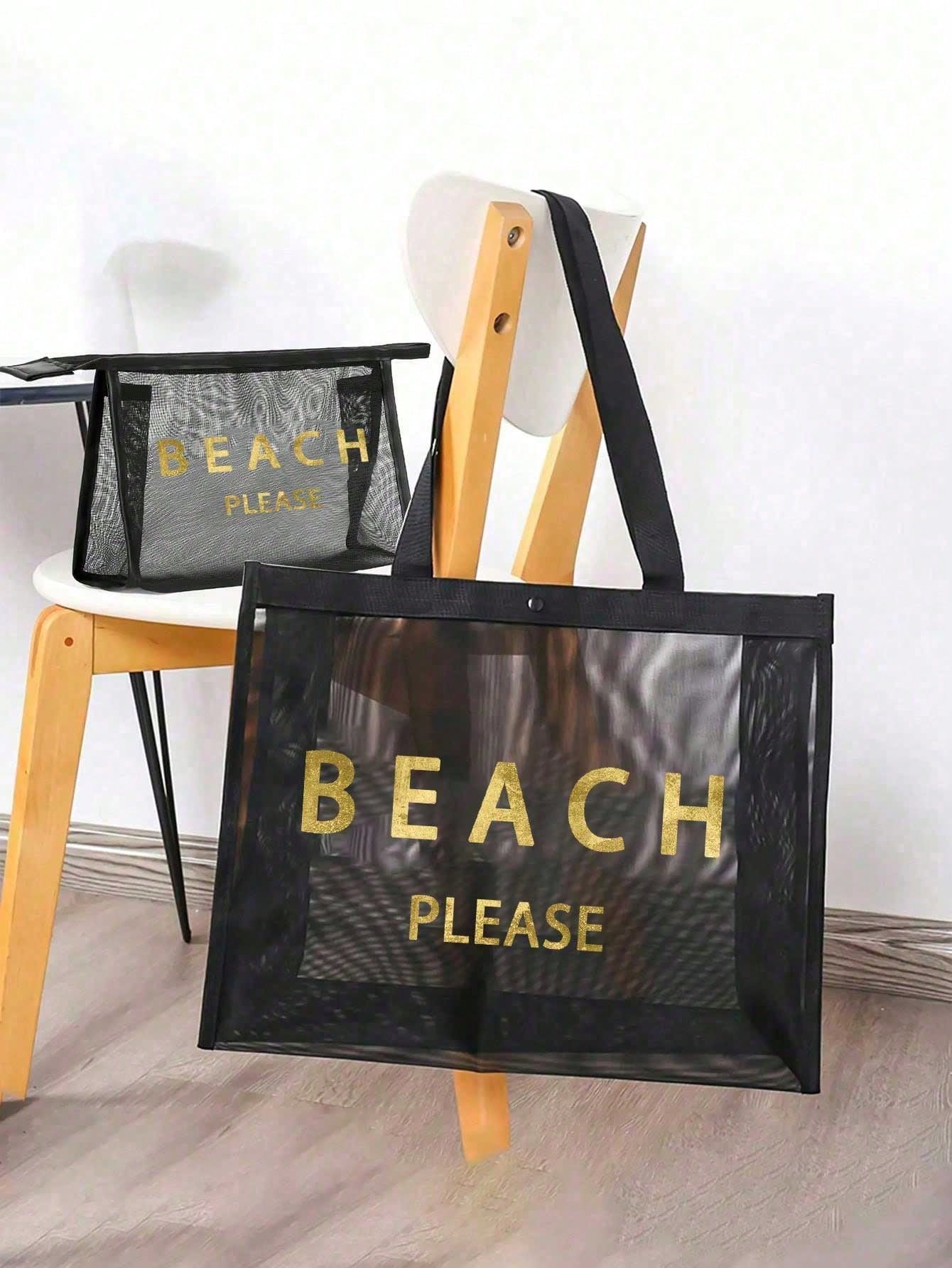 Large Capacity Mesh Beach Bag Set, "BEACH PLESE" Pattern Mesh Bag, Gold Sequin Letter, Cosmetic Bag, Hollow Mesh Beach Tote Bag, Mesh Cosmetic Storage Bag, Foldable Large Capacity Swimming Bag, Letter