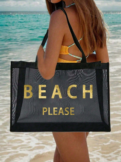 Large Capacity Mesh Beach Bag Set, "BEACH PLESE" Pattern Mesh Bag, Gold Sequin Letter, Cosmetic Bag, Hollow Mesh Beach Tote Bag, Mesh Cosmetic Storage Bag, Foldable Large Capacity Swimming Bag, Letter